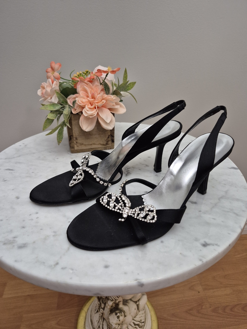Ramon Tenza Santoni Black Slingback Heels with Crystal Bows
